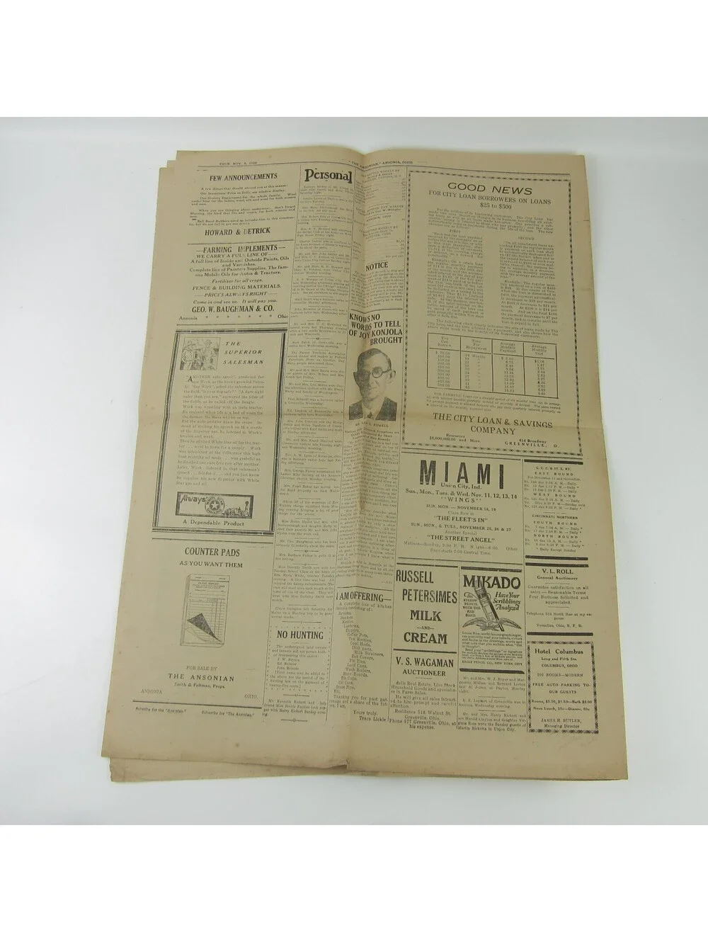 The Ansonian Newspaper Ansonia Darke County Ohio Thursday Nov 1928 Antique RARE